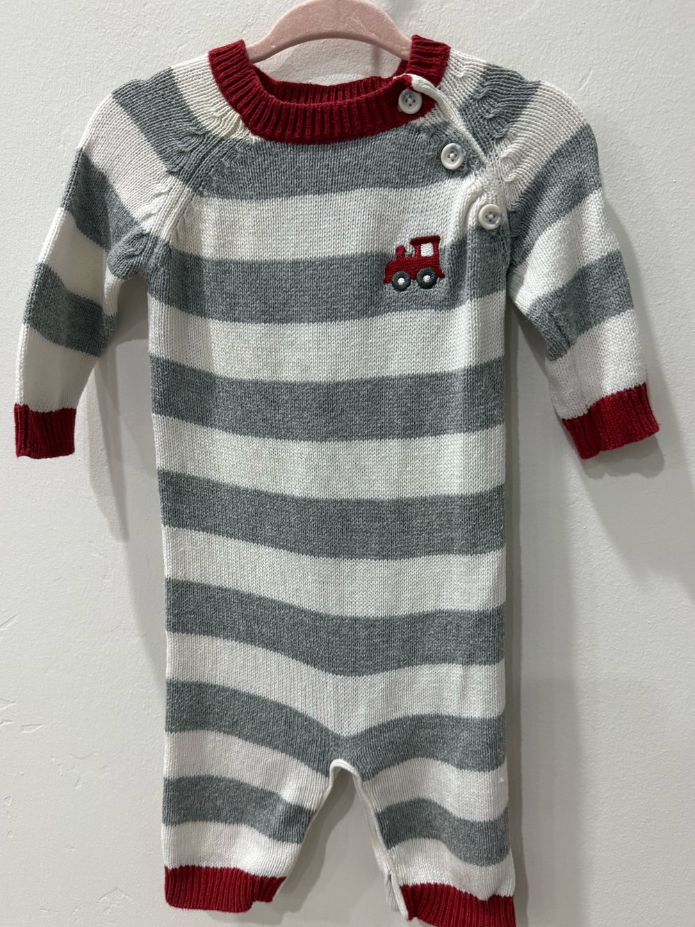 Cherokee Gray & White Striped Knit One-Piece with Red Trim 100%Cotton